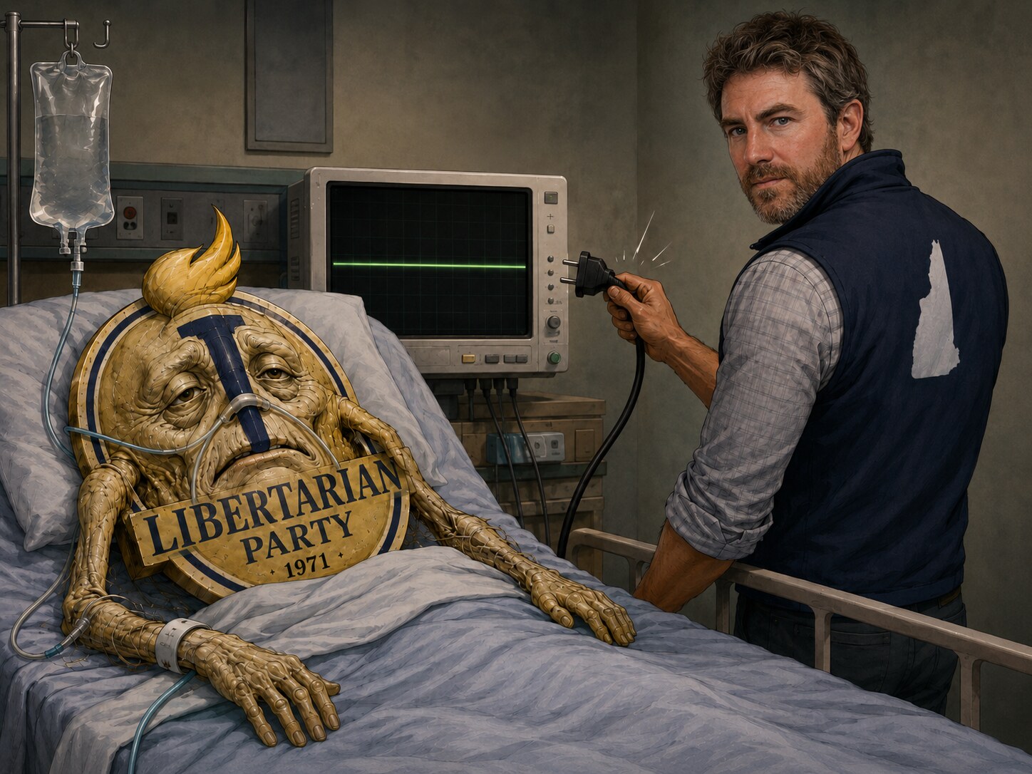 A wizened, hospital-bound personification of the Libertarian Party, hooked up to a flatlining heart monitor, while a man at its bedside unplugs the life-support cord.